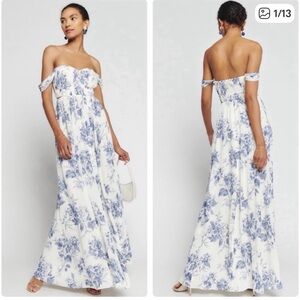 Reformation Strapless White Maxi Dress with Blue Floral Print